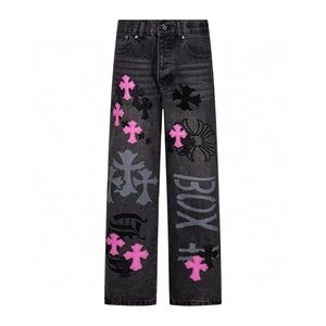 Chrome Hearts Women's Black Graphic Wide-Leg Jeans with Pink Cross Accents